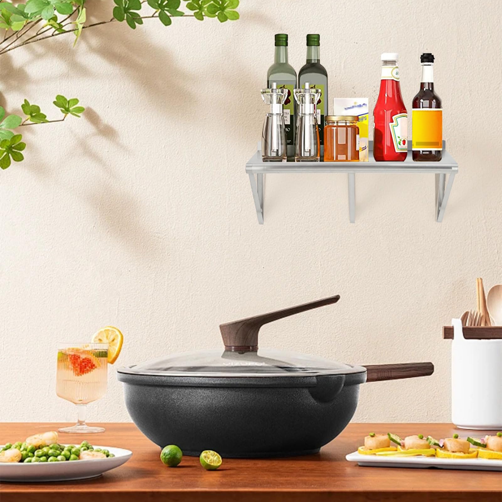 Acekool Étagère Murale INOX Commerciale Robuste avec dosseret – Console Triangulaire – Rangement Cuisine Pro – Bord Arrondi – Argent, Arc Edge, 30×12×12 inch
