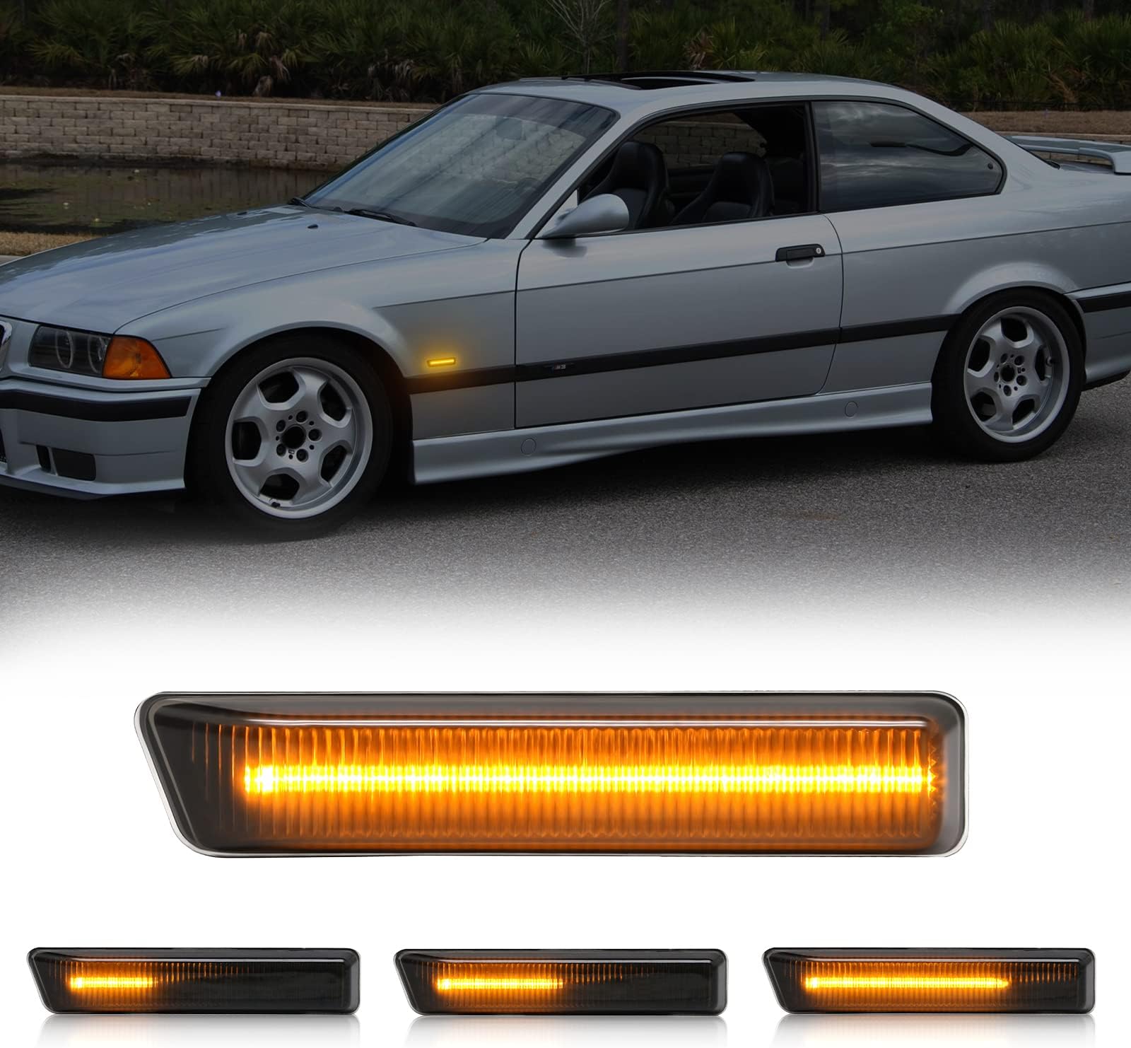 Front Sequential LED Turn Signal Light Replacement for 3 Series E36 316i, 318i, 318is, 320i, 323i, 328i 1997-1999, X5/E53 1999-2006, Smoked Lens Amber Dynamic Indicator Side Marker Lamp