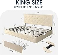 Vista 41 de WEEWAY Base de cama de plataforma de tamaño matrimonial con 4 cajones de almacenamiento, cabecera capitonada con botones de costura de diamante