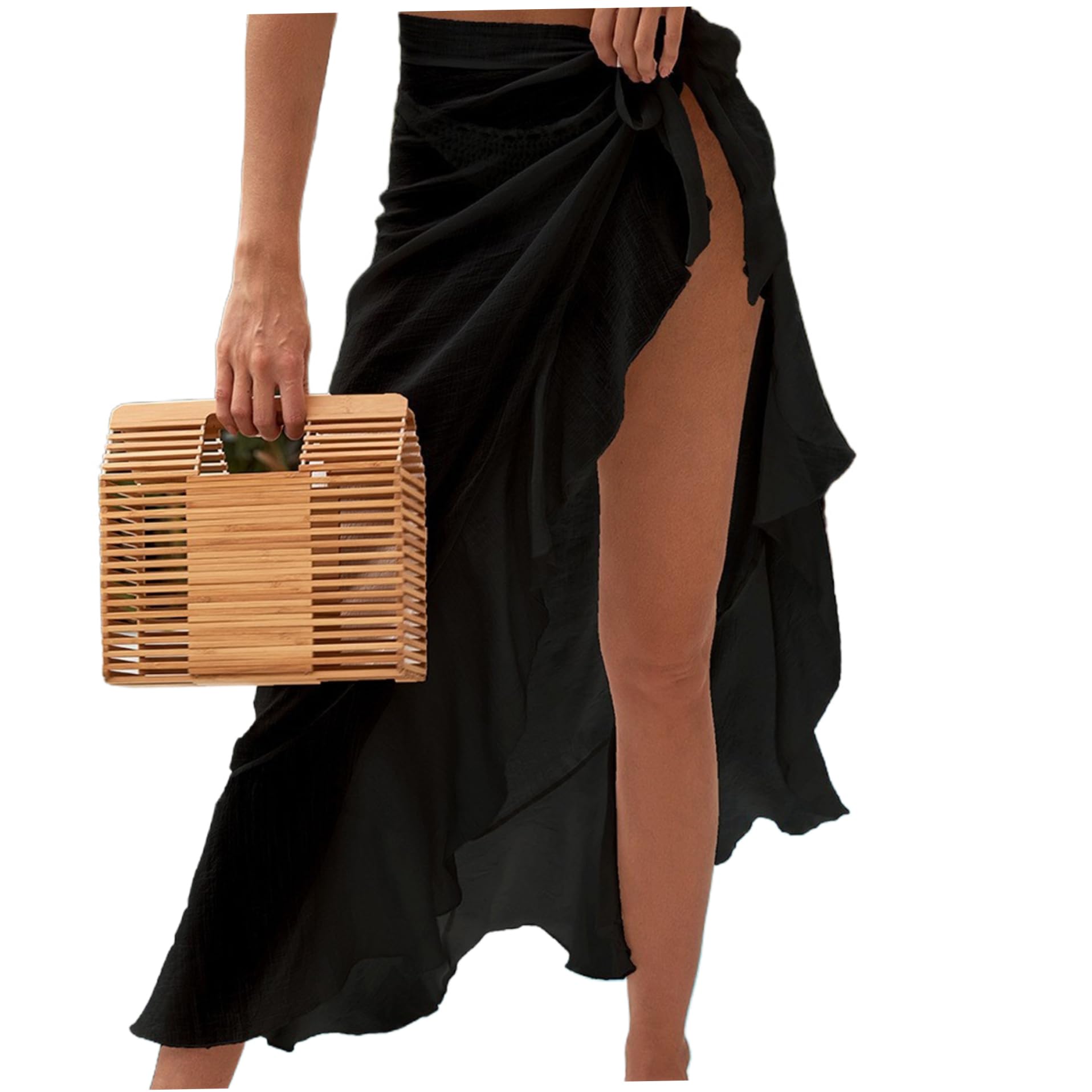 NIDONE Schwarze Sarong, Sarong -Wraps für Frauen Midi Ruffle Schwarz einstellbare Einheitsgröße Womens Beach Cover Up Bikini Badeanzug
