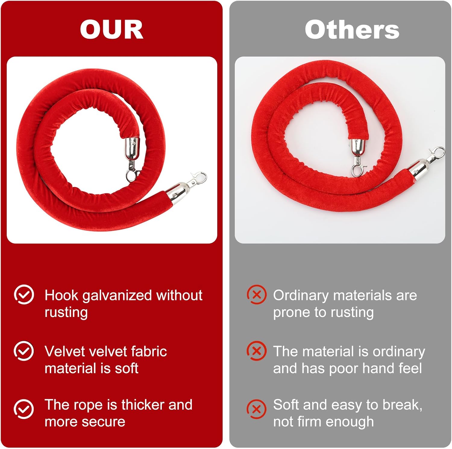 2 Pack Velvet Stanchion Rope, 5 Feet Crowd Control with Silver Clasps, Foam Core Queue Safety Barriers for Party Event and Red Carpet