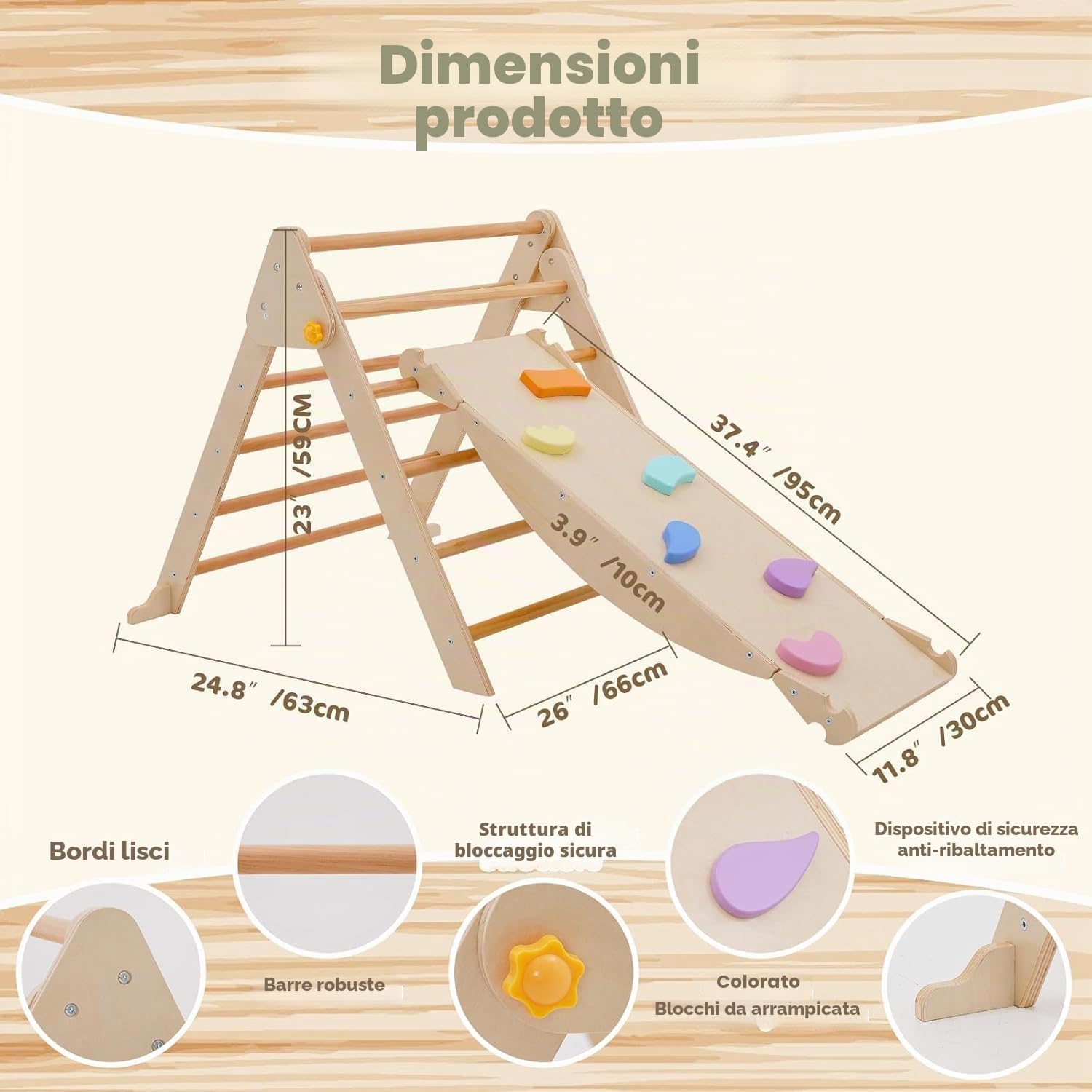 4 in 1 Arrampicata per Bambini, Triangolo di Arrampicata Pieghevole con Scivolo, Arco di Arrampicata, Tavola di equilibrio in legno, Scivolo per Bambini da Casa Interno,Giochi Montessori 1+ Anni