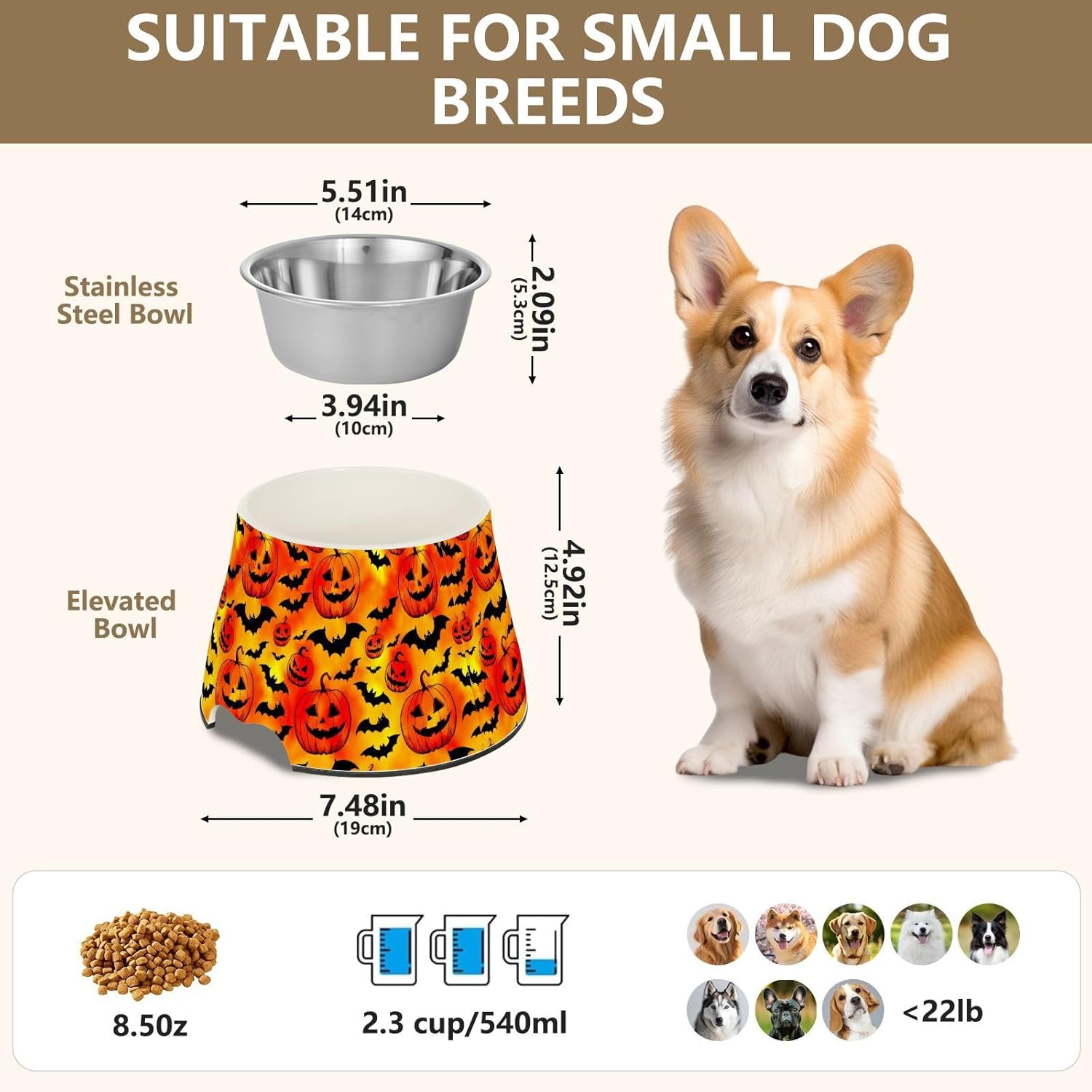Pumpkin Bats Halloween Pet Bowl Elevated Dog Bowls with Stainless Steel, Raised Dog Bowl for Comfortable Feeding and Easy Cleaning, for Pets.23301649