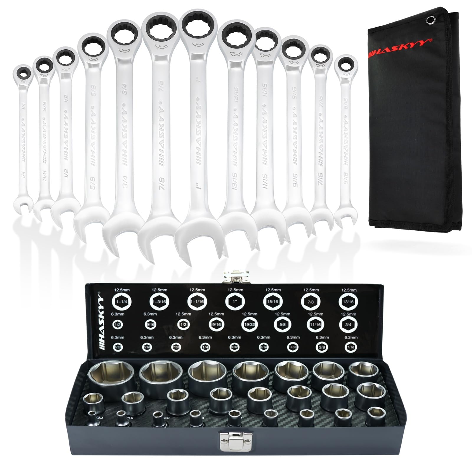 HASKYY – Set di chiavi a cricchetto, 24 pezzi, da 5/32" a 1.1/4" con cricchetto a anello, set di 12 chiavi a cricchetto da 1/4" a 1" pollici/pollici per veicoli USA
