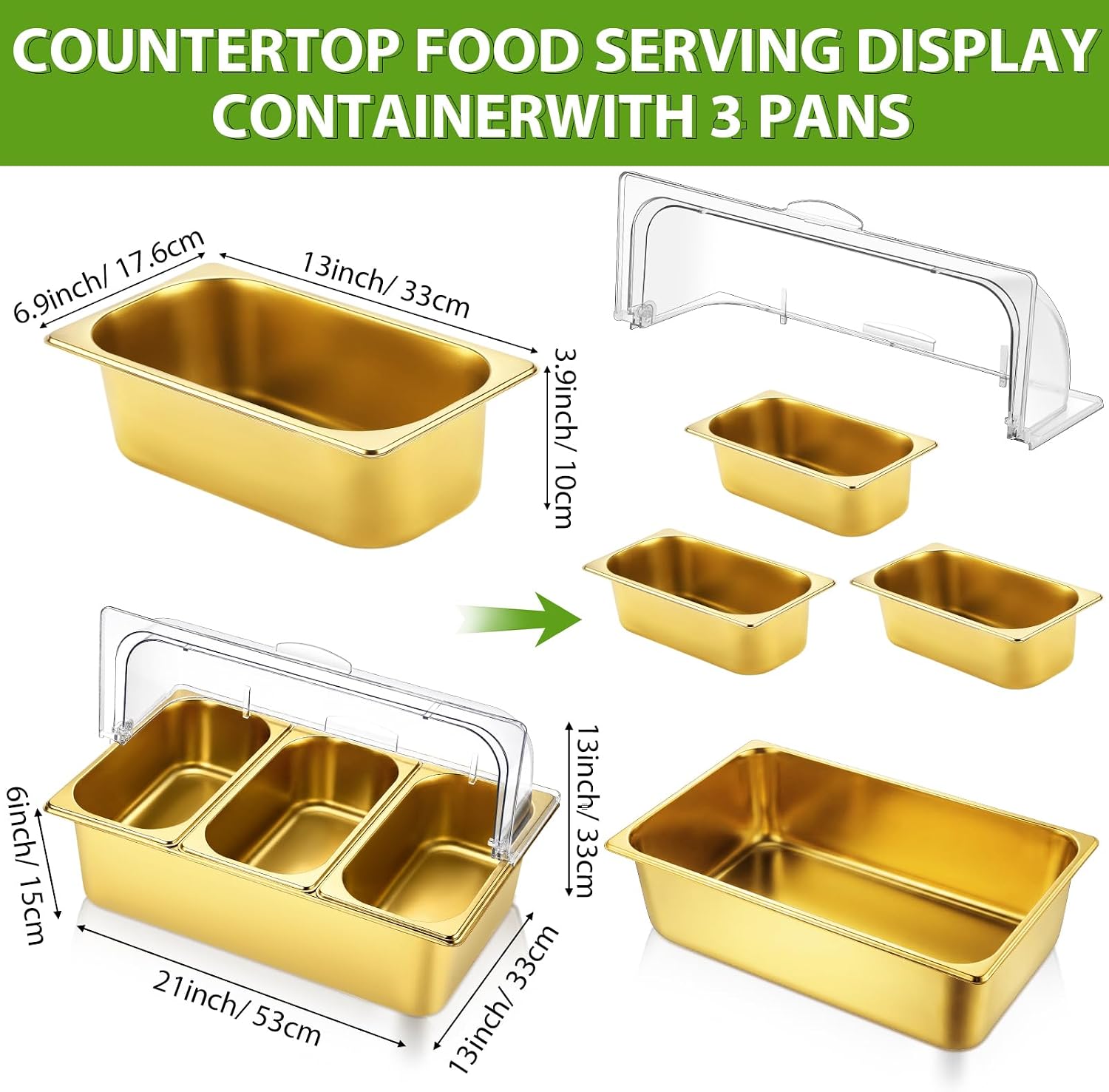 Countertop Food Serving Display Container and Clear Roll Top Cover Stainless Steel Food Serving Tray Buffet Condiment Dispenser Display Rack for Restaurant Kitchen Party (Gold,21 x 13 x 13'')