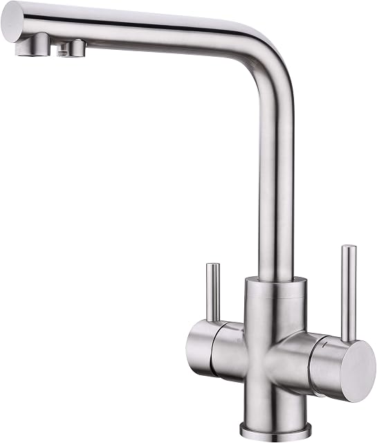 CREA 3 Way Kitchen Tap with Water Filter Way Drinking Water Kitchen Sink Tap 360° Swivel Spout 2 Lever Kitchen Mixer Stainless Steel