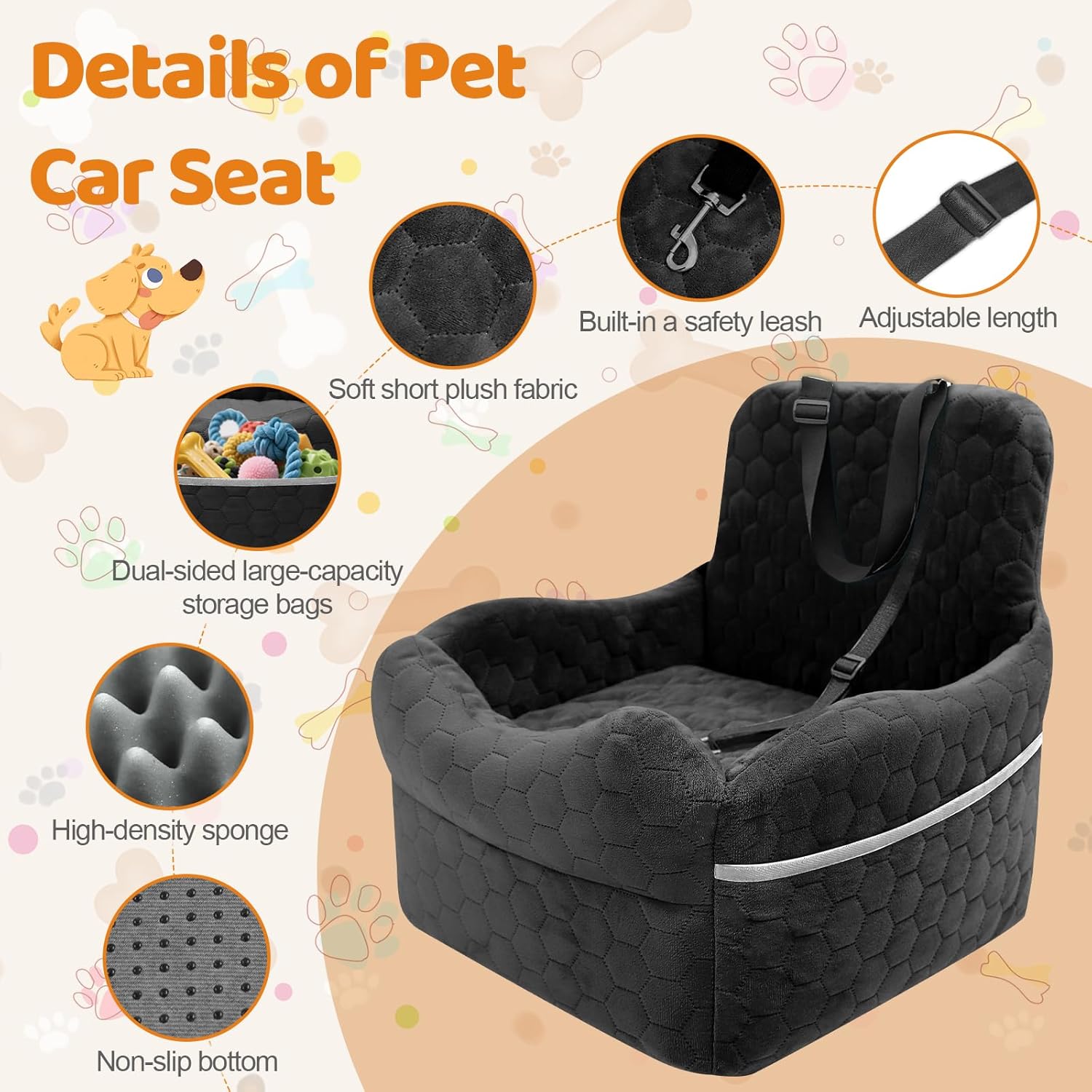 Dog Car Seat for Small/Medium Dogs - Puppy Car Seat Under 35 lbs with Thick Elevated Cushion & Safety Belt for Travel - Detachable & Washable Dog Booster Seat with 2 Sides Storage Pockets(Black)