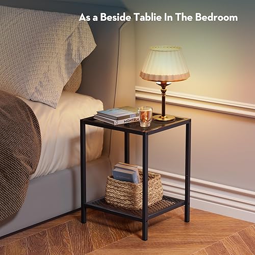Miniatura 7 de SAYGOER Mesa auxiliar negra pequeña de vidrio de 2 niveles, mesas auxiliares cuadradas estrechas para cama, 13.4 x 11.8 x 19.7 pulgadas, sofá 2-Mesa