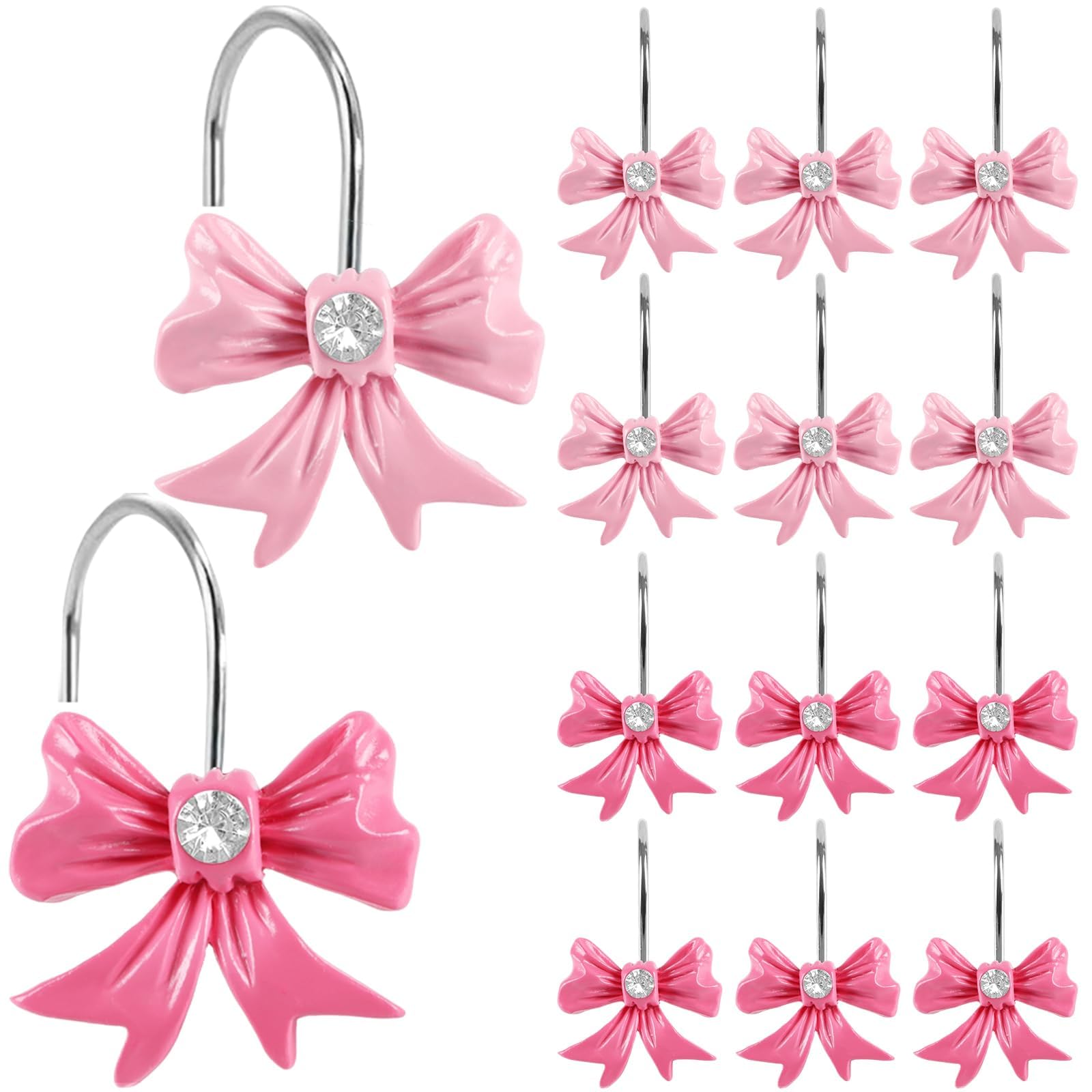 12PCS Pink Bow Shower Curtain Hooks, Coquette Decorative Shower Curtain Rings with Diamond, Cute Shower Hanger Hooks for Girls, Bathroom Bedroom Decor Accessories