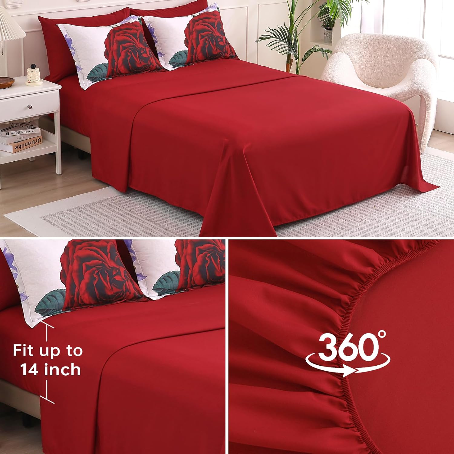 Drucon Red Comforter King Size 7 Pieces Valentine's Day Bedding Sets Bed in a Bag, Botanical Floral Comforter with Sheet Set, Soft Microfiber Bedding Set for All Season (Red, 104"x90")
