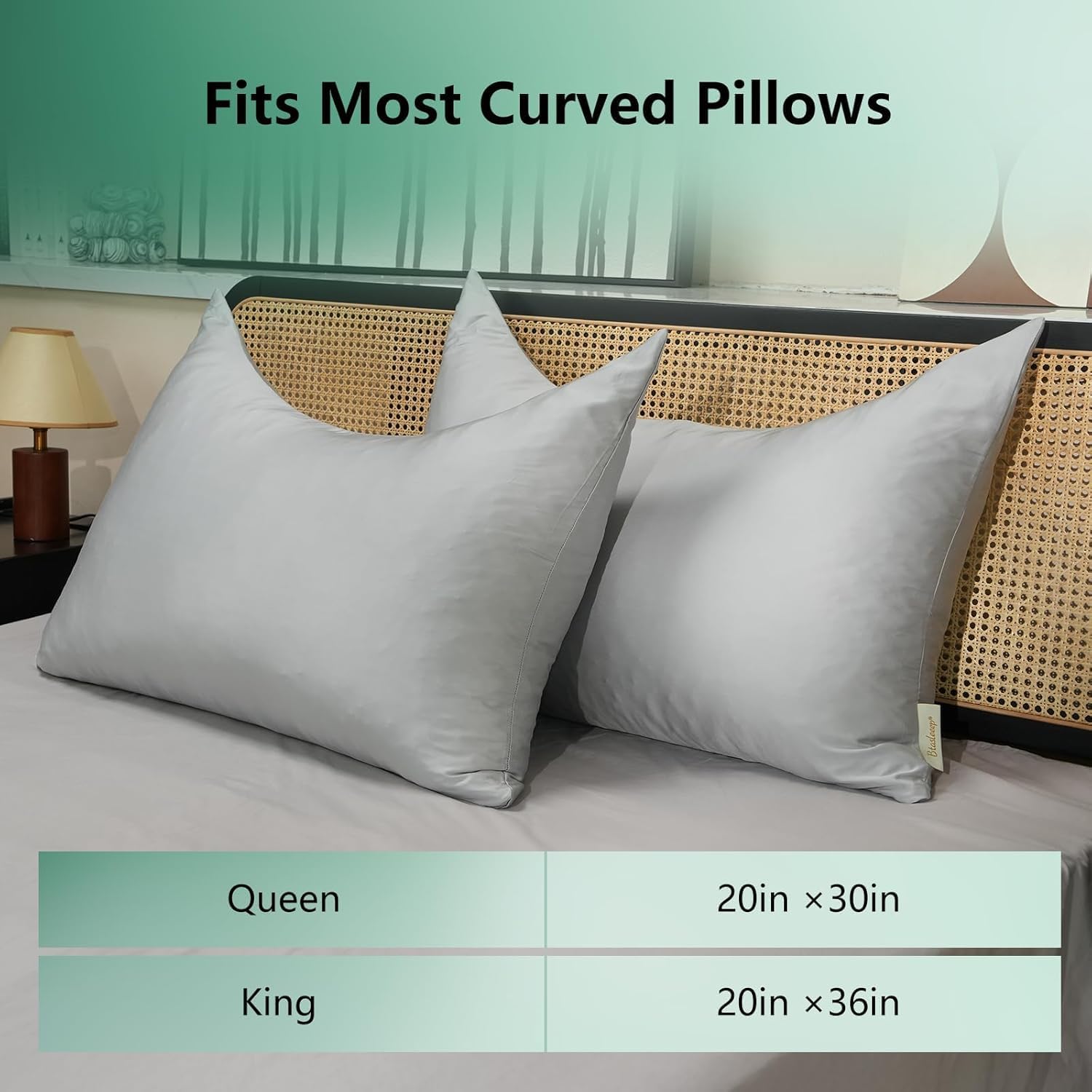Cooling Curved Pillowcase for Side Sleeper Pillow - Rayon Derived from Bamboo Pillowcase with Zipper, Breathable and Soft Silky Cover for Hot Sleeper Protecting Hair & Skin King Size 2 Pack,Light Gray