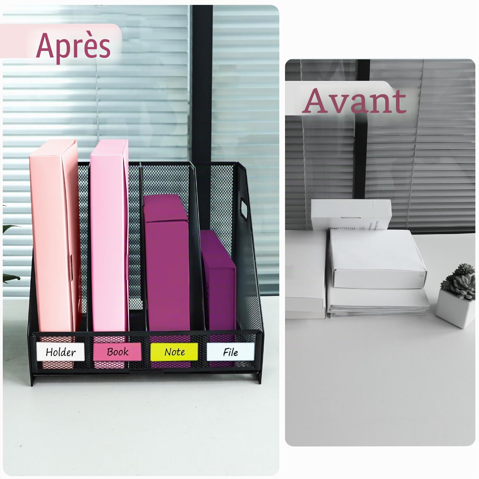 Porte-revues pliable en Métal robuste - Vertical Corbeilles à Courrier A4 Banette de Rangement, Classeur sur pied peu encombrant avec 4 compartiments pour le bureau et la maison, Noir
