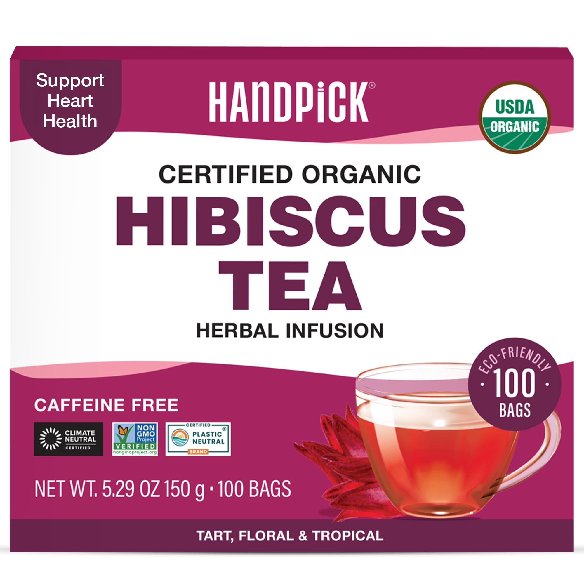 HANDPICK, Organic Hibiscus Tea Bags (100 Tea Bags) | Caffeine-Free, 100% Natural Pure Indian Hibiscus Flowers