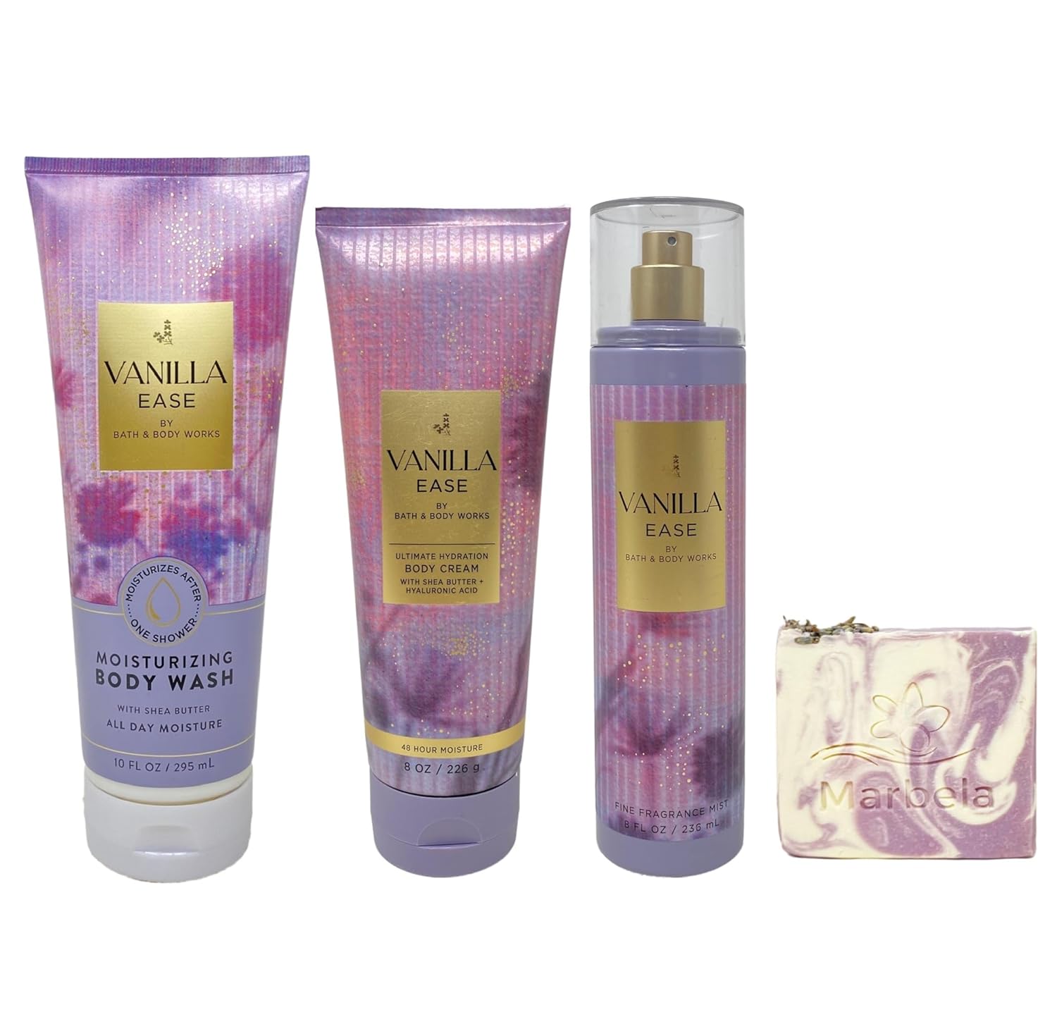 Bath & Body Works Vanilla Ease Trio Gift Set - Moisturizing Body Wash, Body Cream and Fragrance Mist - with a Lavender Dreams Bar Soap - Full Size