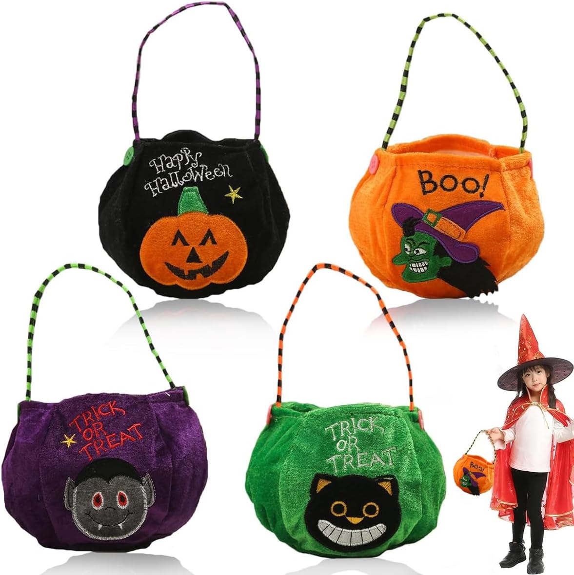HASTHIP® 4Pcs Halloween Candy Basket, Velvet Fabric Trick or Treat Bags for Kids, Featuring Witch, Cat, Pumpkin, Vampire Designs, Multipurpose Snack Storage and Home Decoration (20x13 cm Each)