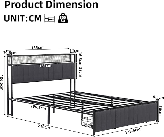 Double Bed Frame with 2 Storage Drawers, Wooden Storage Headboard Shelf with LED-Light & UPS-Port. Metal Bed for Adults and Teenagers, No Mattress (135 x 190 cm)