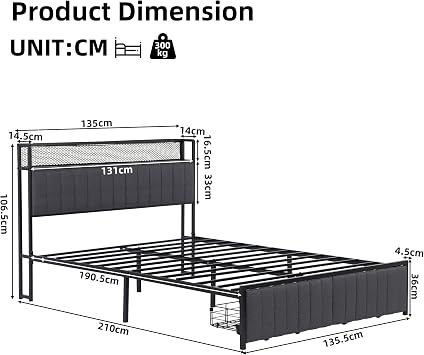 Double Bed Frame with 2 Storage Drawers, Wooden Storage Headboard Shelf with LED-Light & UPS-Port. Metal Bed for Adults and Teenagers, No Mattress (135 x 190 cm)