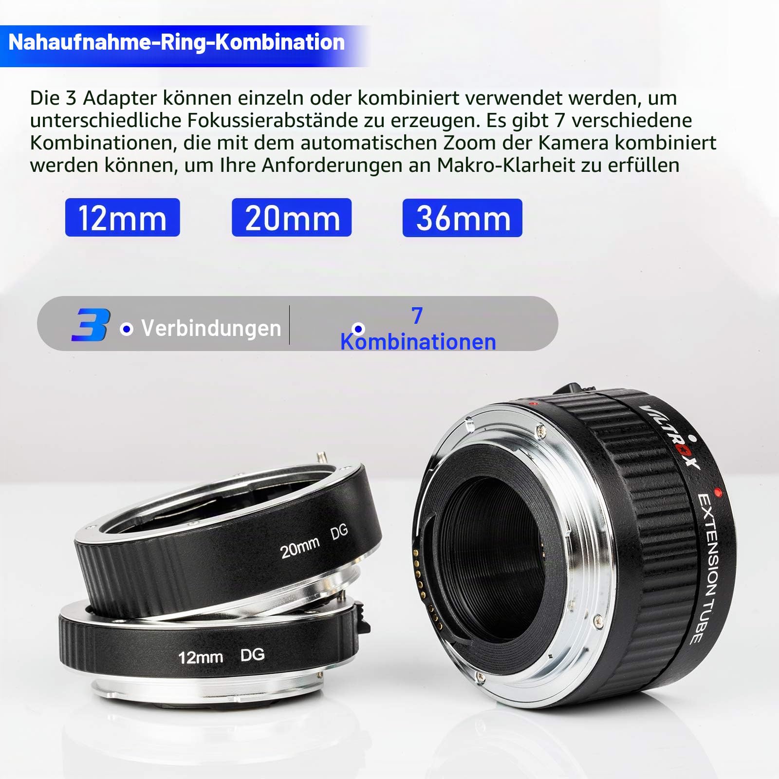 Viltrox DG-C Zwischenringe Autofokus AF Makro Verlängerungsring-Set 36mm+20mm+12mm für Canon EF&EF-S Objektiv DSLR Kamera 760D 700D 80D 70D 5DII 5DIII 1300D 1500D