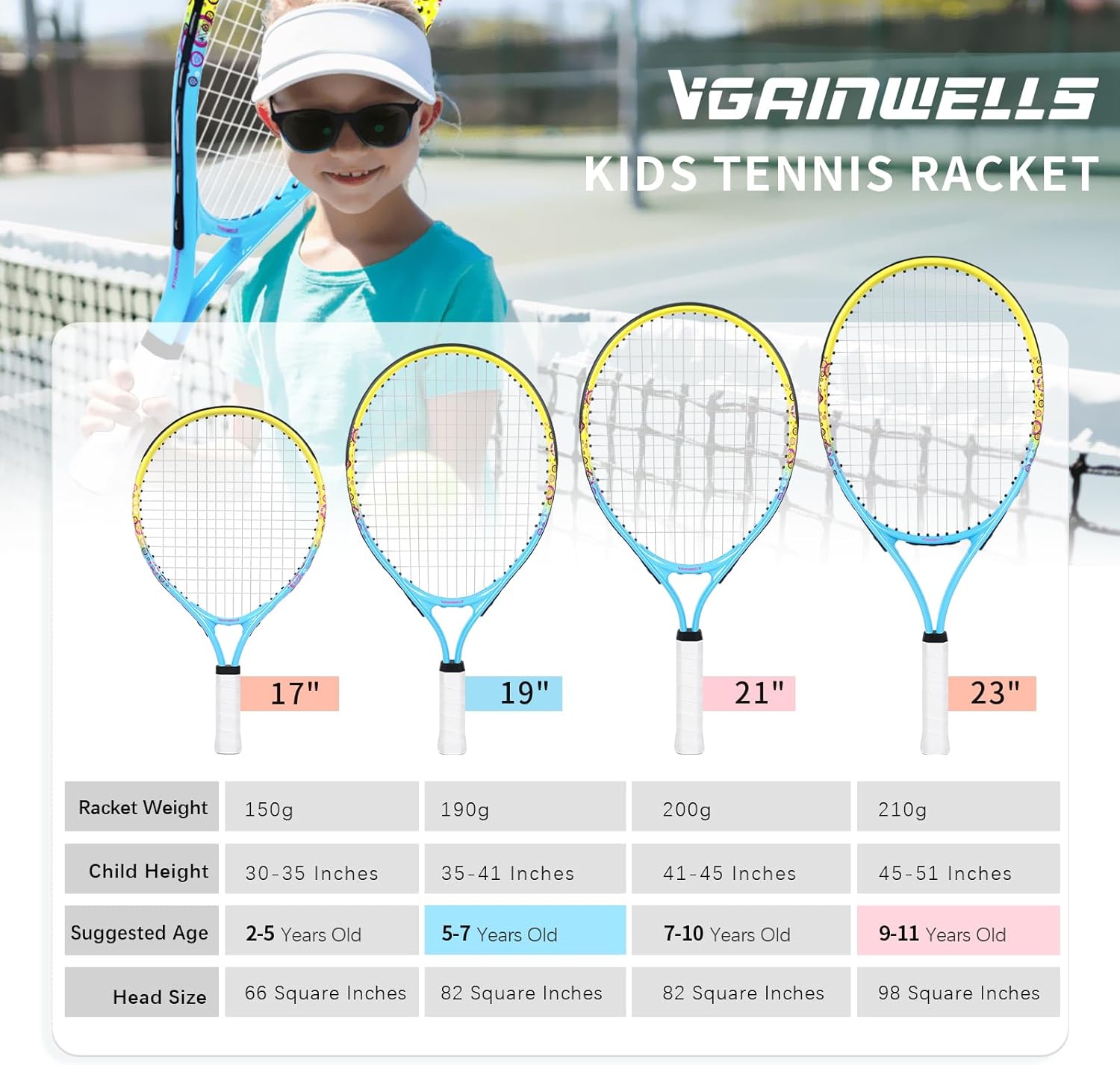 17"-23" Kids Tennis Racket for Aged 2-9, Lightweight and Durable, Including 1 Toddler Tennis Racket and 1 Replacement Grip Tapes