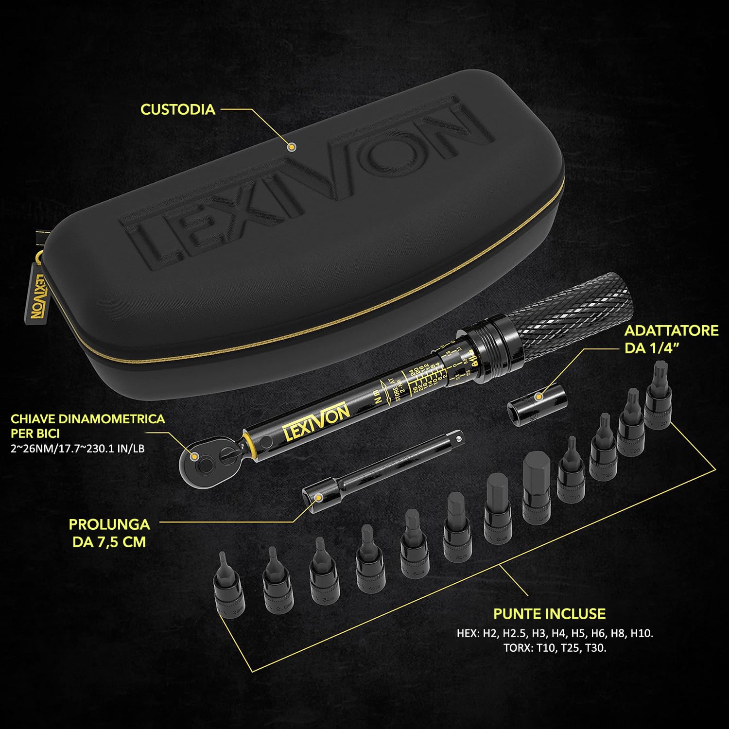 LEXIVON Chiave Dinamometrica Bici/Moto 1/4'' | 2~26 Nm, Set da 15 Pezzi di Punte Esagonali e Torx, Kit Chiavi Dinamometriche Professionali Portatile per Bicicletta, Mountain Bike Tools (LX-191)