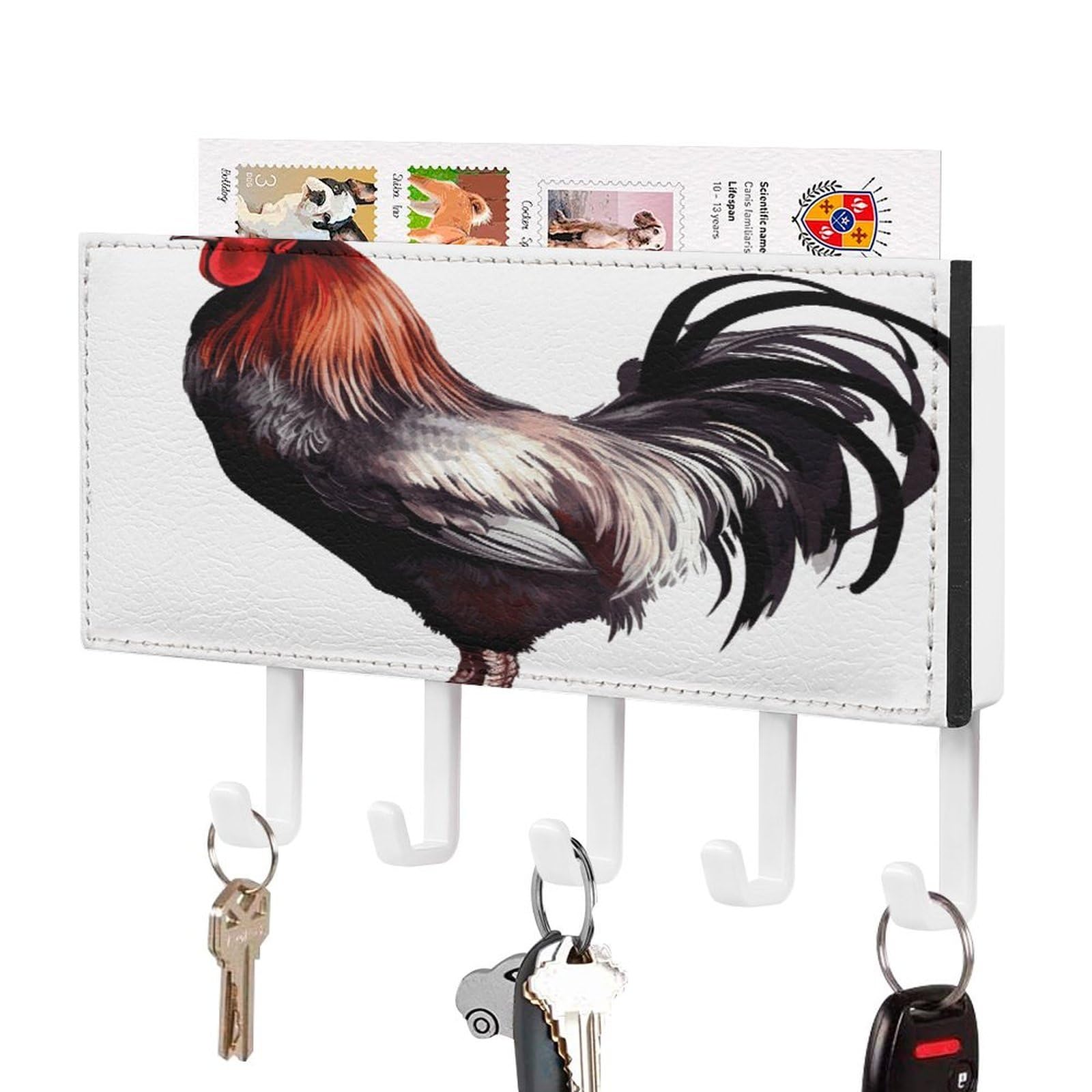 FekiLoot Rooster Key Holder Wall Mount Key Hooks for Wall Decorative with 5 Hooks PU Mail Rack Organizer with Shelf for Entryway Mudroom Hallway Office 7.1X4.3 in