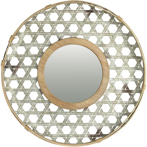 Creative Co-Op Marco de madera de pared de metal redondo y espejo de acabado galvanizado