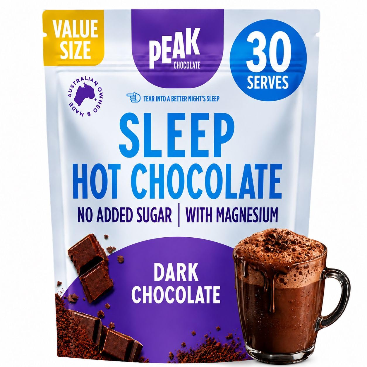 Peak Unwind Hot Chocolate Powder with Magnesium, Natural Sleep Aid - Sugar Free - Chamomile & Sleep Dark Chocolate, Keto-Friendly, Dairy-Free (375g, Dark) - 375 g (Pack of 1)