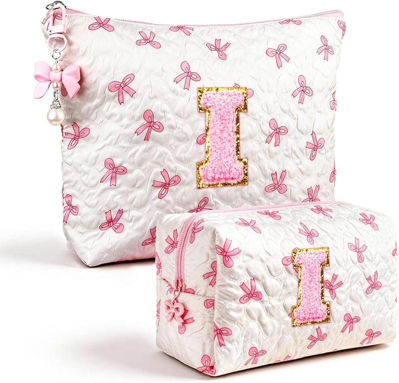 Necessaire de maquiagem Giftota com inicial I, estampa de laço, zíper metálico, matelassê, Pacote com 2