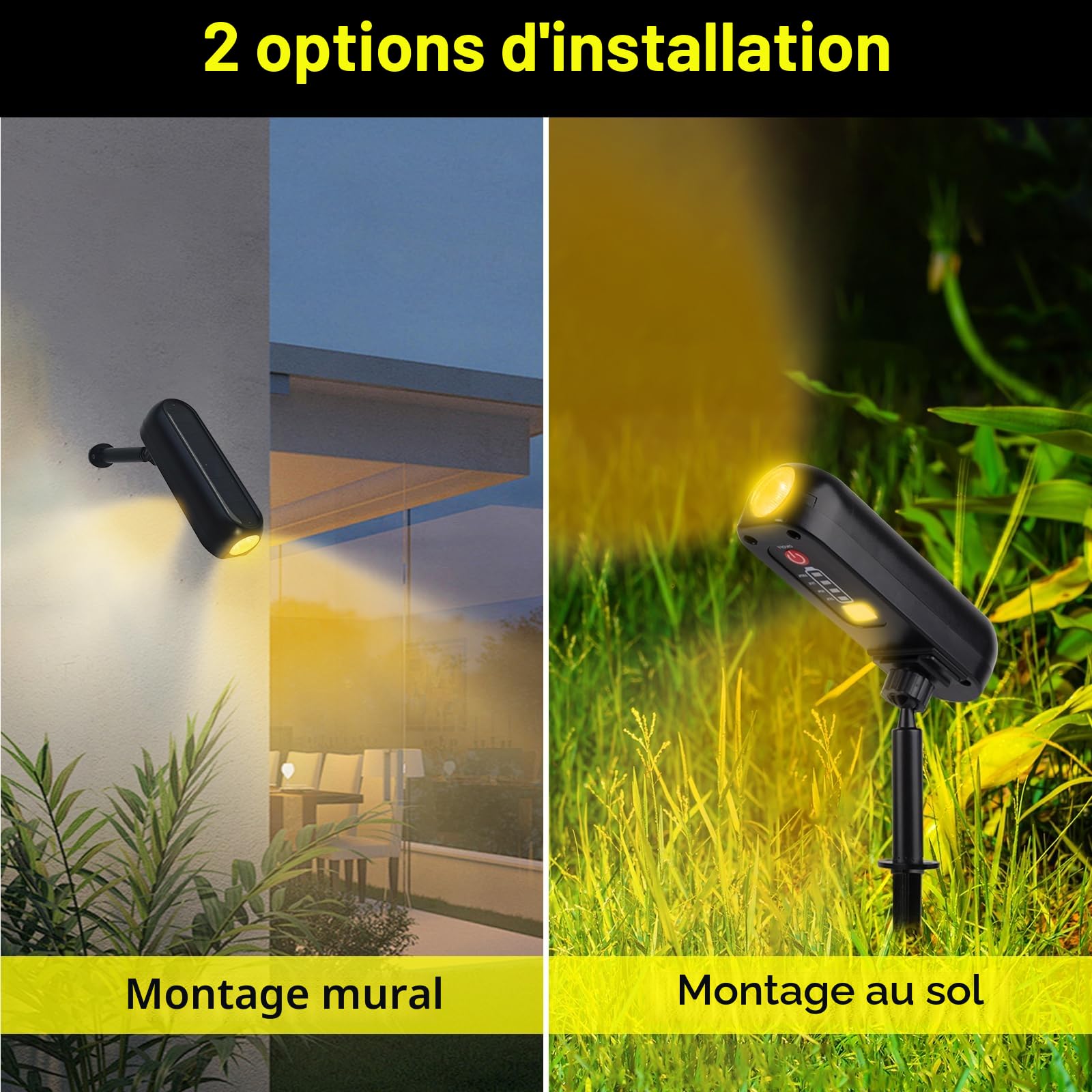 Lot de 4 Spot Solaire 3000K Lampe Solaire Exterieur Etanche IP65 Projecteur Solaire Exterieur 2 Modes Eclairage Exterieur Solaire Luminaire Exterieur Solaire pour Jardin Allée Chemin Cour