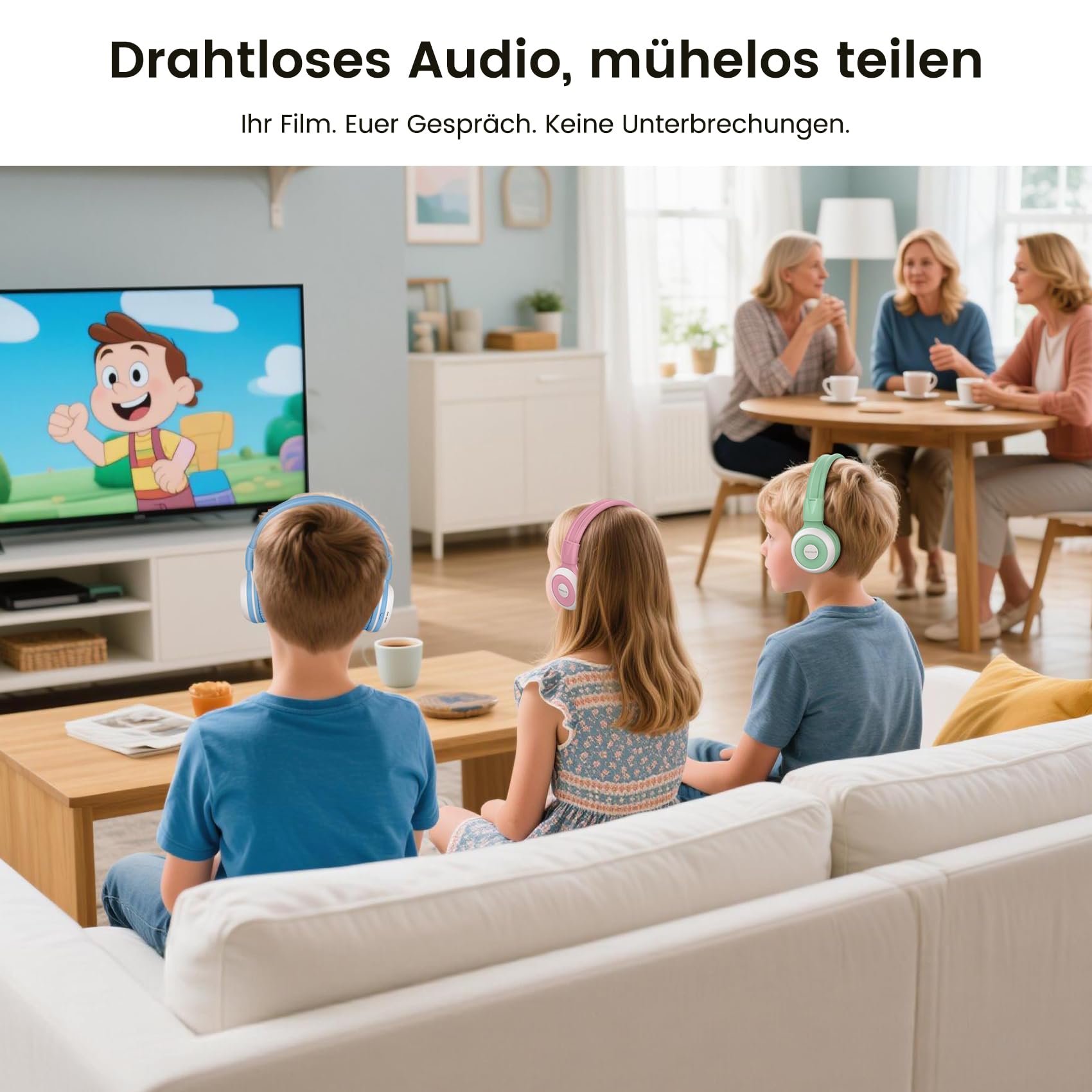 SIMOLIO AuraCast Bluetooth Kopfhörer Kinder, Gemeinsames Kabelloses Audio-Sharing, Kompatibel mit Jedem Einzelnen Bluetooth-Gerät für Familie, Unterricht & Reisen, mit Integriertem Mikrofon, Klappbar