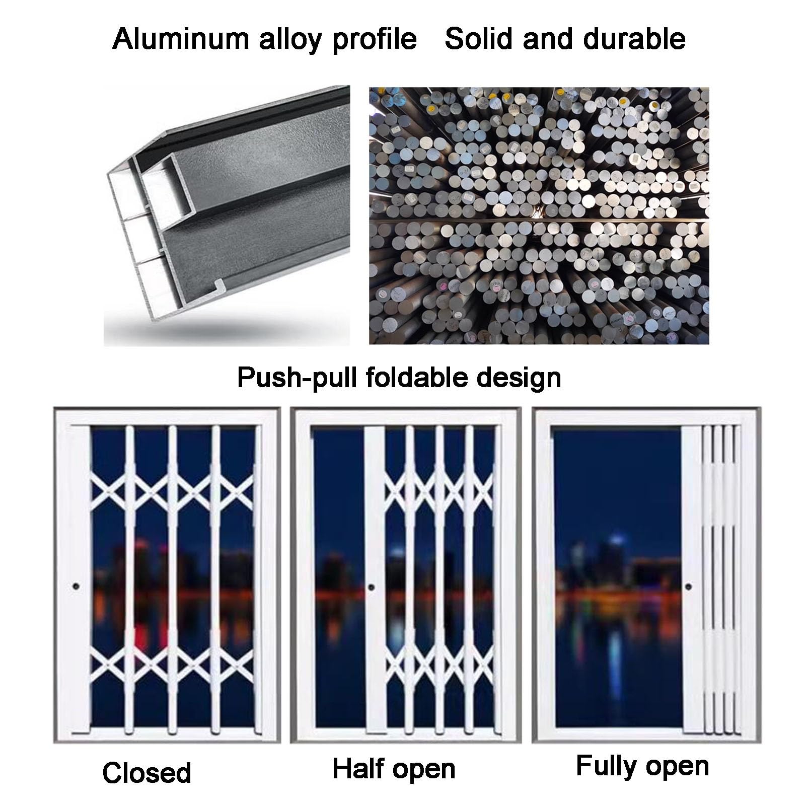 Zamykana osłona okienna, ze stopu aluminium, składana, niewidoczna belka zabezpieczająca przed kradzieżą, ochrona przed kradzieżą, ochrona dla dzieci i zwierząt domowych, ochrona do piwnicy (110 x 170