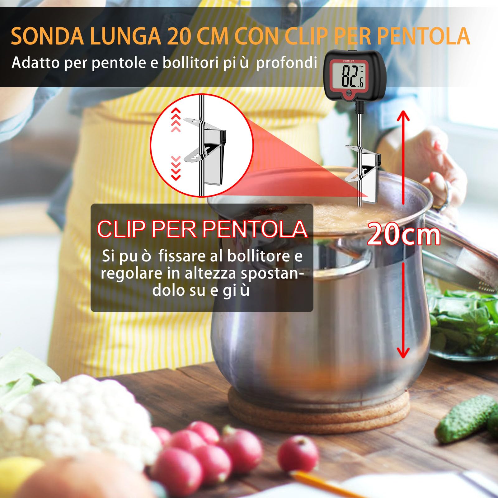 BOMATA Termometro per caramelle con sonda lunga da 8" con clip per pentola, display rotante, Termometro digitale ad alta precisione con lettura istantanea per candele