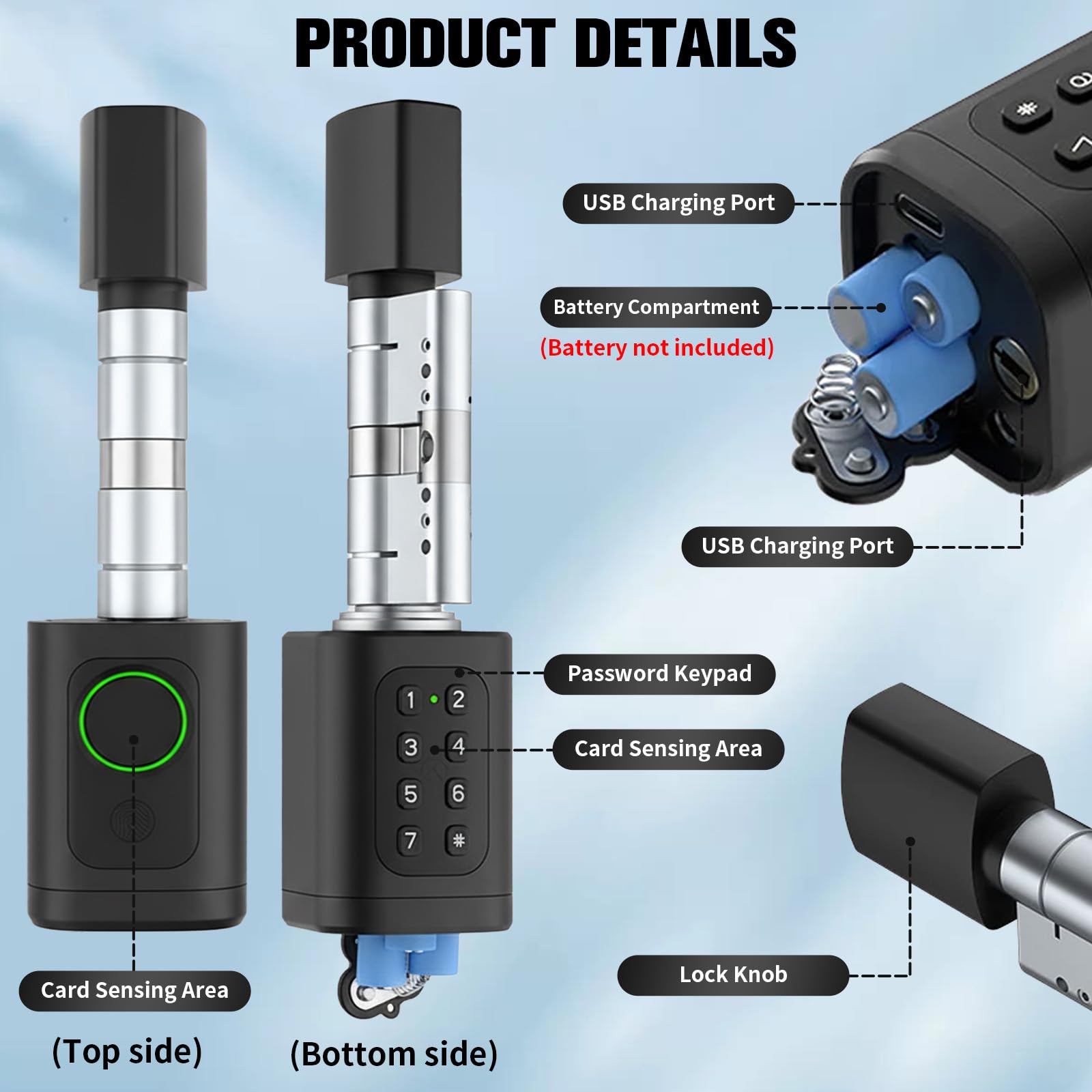 Serratura elettronica delle impronte digitali – Smart Lock con cilindro di chiusura regolabile 60 – 90 mm, serratura con impronte digitali, password, RFID, Bluetooth, chiavi, supporto app telecomando