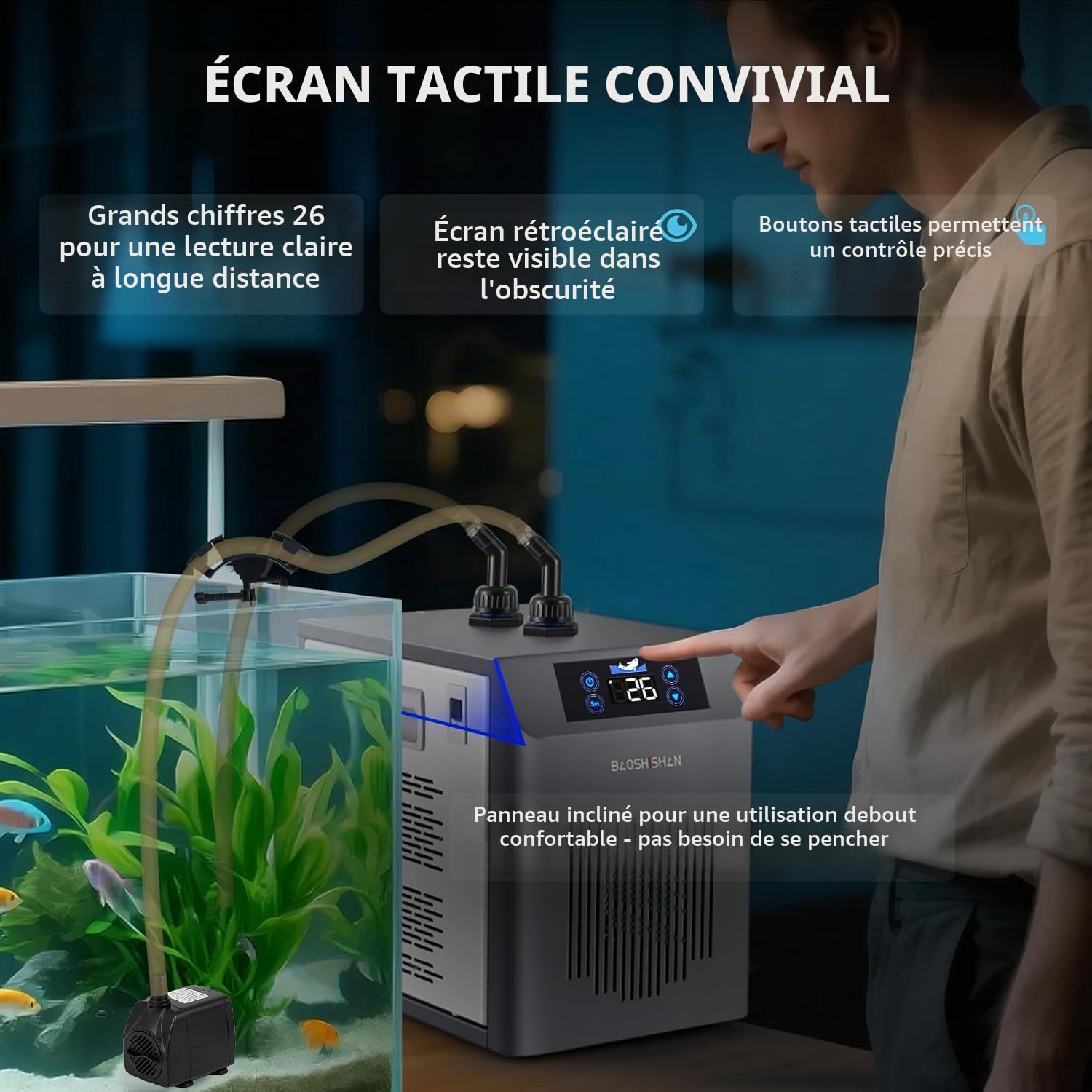 BAOSHISHAN Refroidisseur d'aquarium 160 L, 20‑26 °C | Écran tactile, panneau latéral amovible pratique, pour axolotls/coraux/hydroponie intérieure, eau douce et eau de mer