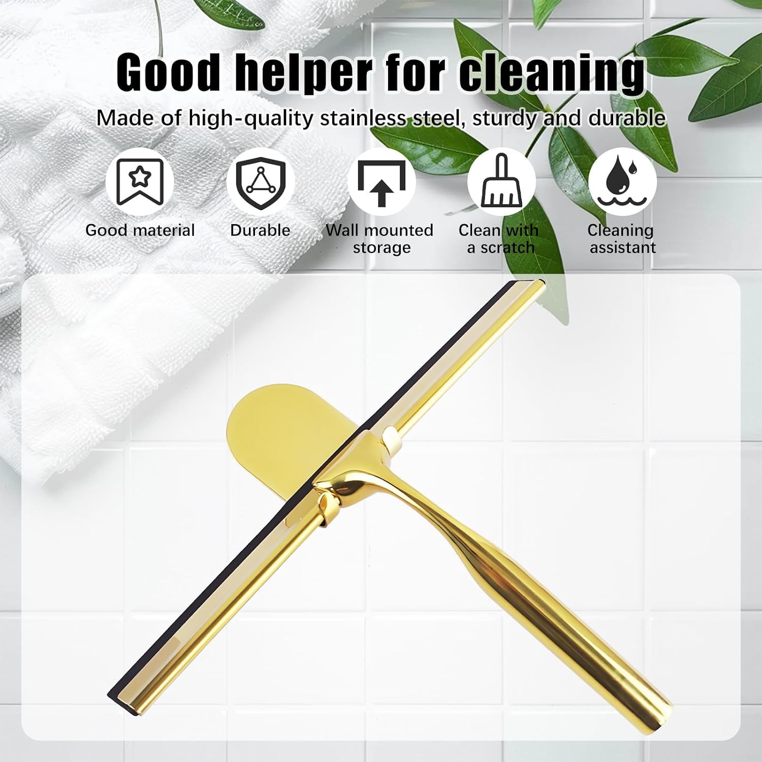 Squeegee for Shower Glass Door, All-Purpose Stainless Steel Squeegee with Adhesive Hooks, Cleaner Tool for Tile Walls, Bathroom, Window, Glass and Car Windshield, Mirrors and Kitchen(10in, Gold)