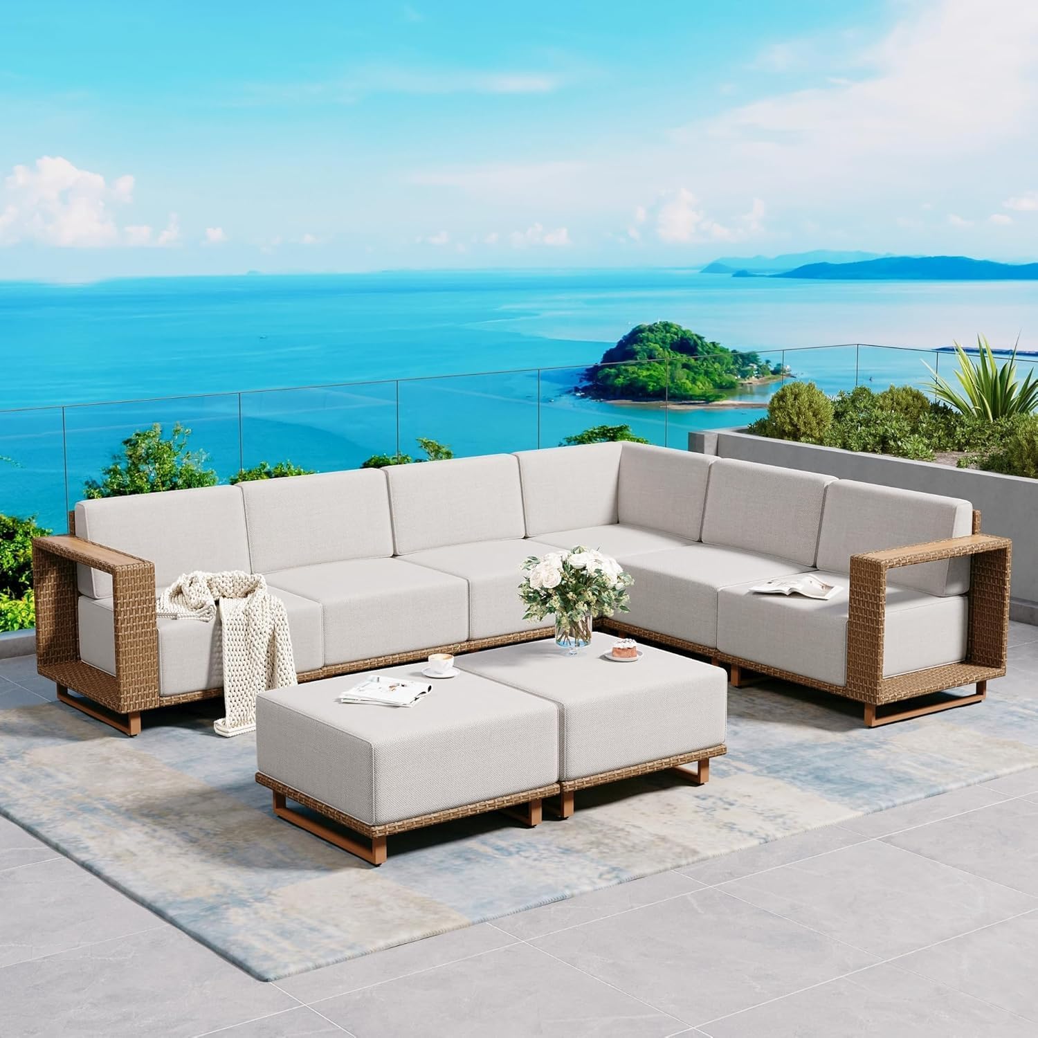 SUNSHINEVALLEY L-Shaped Rattan Wicker Sectional Sofa with 10" Ultra-Thick Cushions - All-Weather Outdoor Patio Conversation Set, Beige