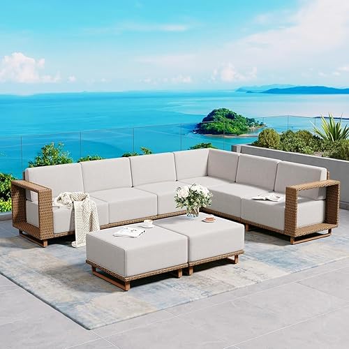 L Shaped Patio Furniture,Outdoor Rattan Wicker Sectional Sofa with 10''Ultra-Thick Cushions,All Weather Patio Conversation Set for Lawn Garden Backyard,Beige