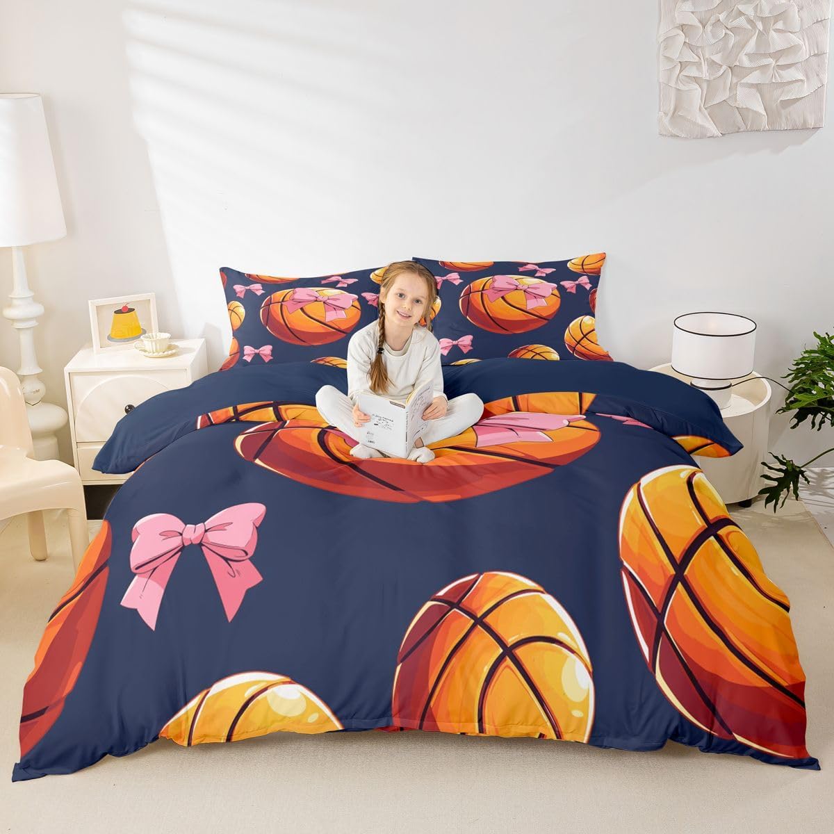 Feelyou Basketball Duvet Cover King Size Pink Bow Comforter Cover for Boys Girls Gaming Sports Bedding Set 3Pcs Gift for Basketball Lover Room Decor Coquette Aesthetic image 4