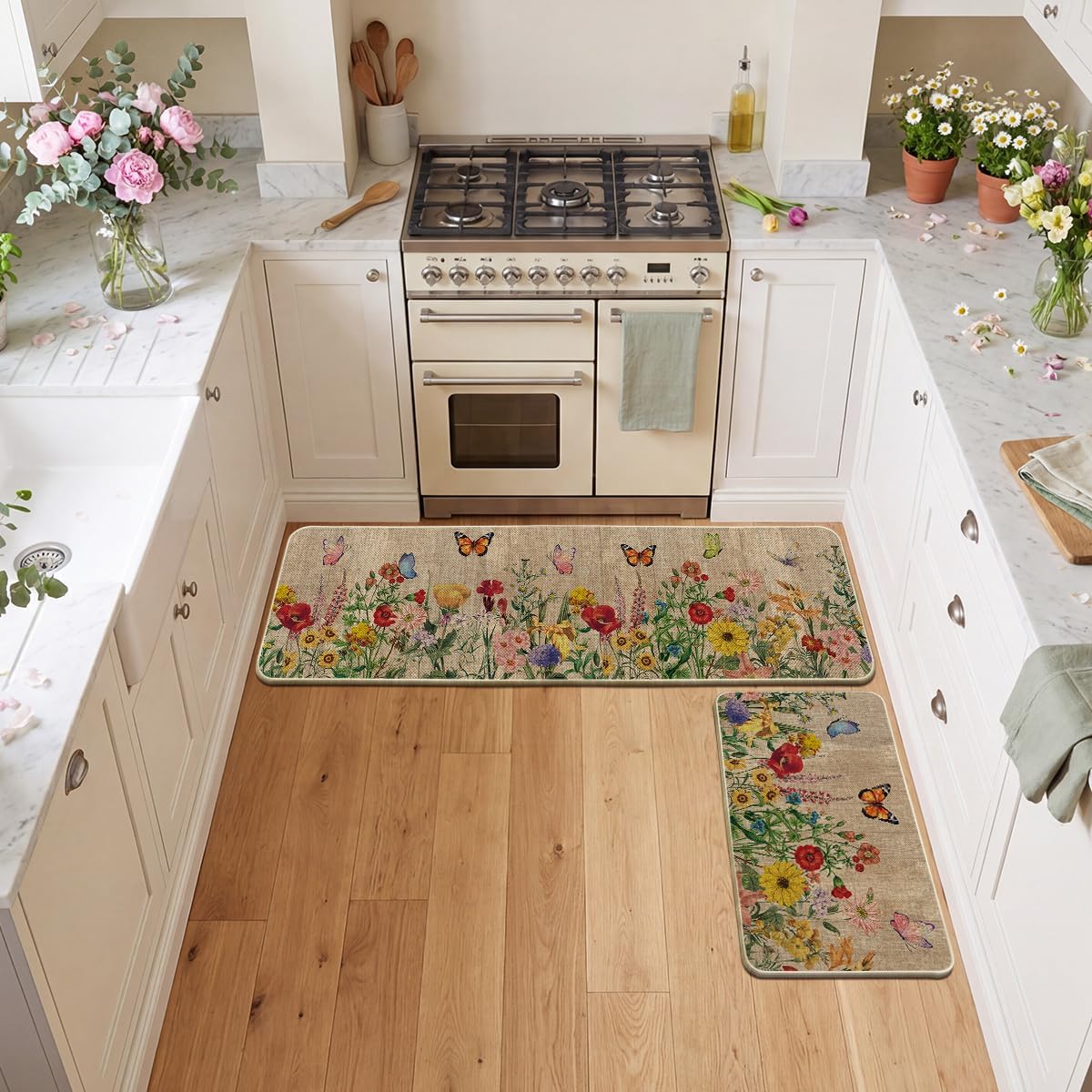 Artoid Mode Wood Flowers Butterfly Spring Kitchen Mats Set of 2, Seasonal Home Decor Leaves Low-Profile Kitchen Rugs for Floor - 17x29 and 17x59 Inch
