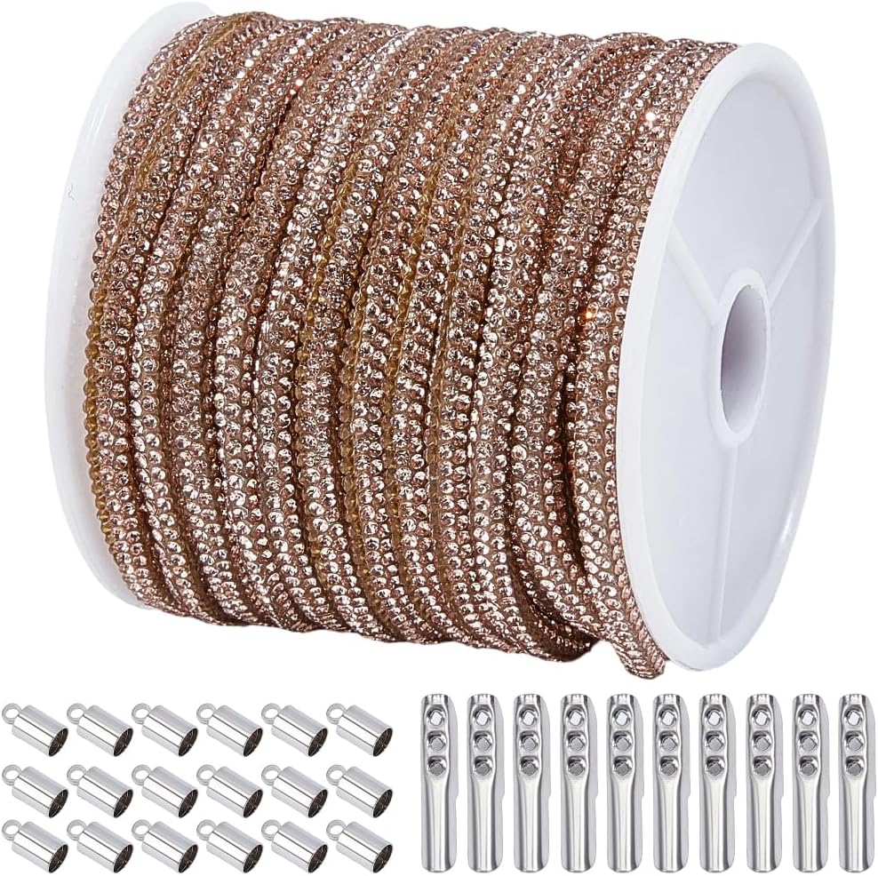 GORGECRAFT 10m*4mm Rhinestone Tube Rope Trim Champagne Crystal String Chain Kit with 20Pcs Iron Cord Lock Ends 20Pcs Brass Cord Ends for DIY Drawstring Clothes Shoes Decorations