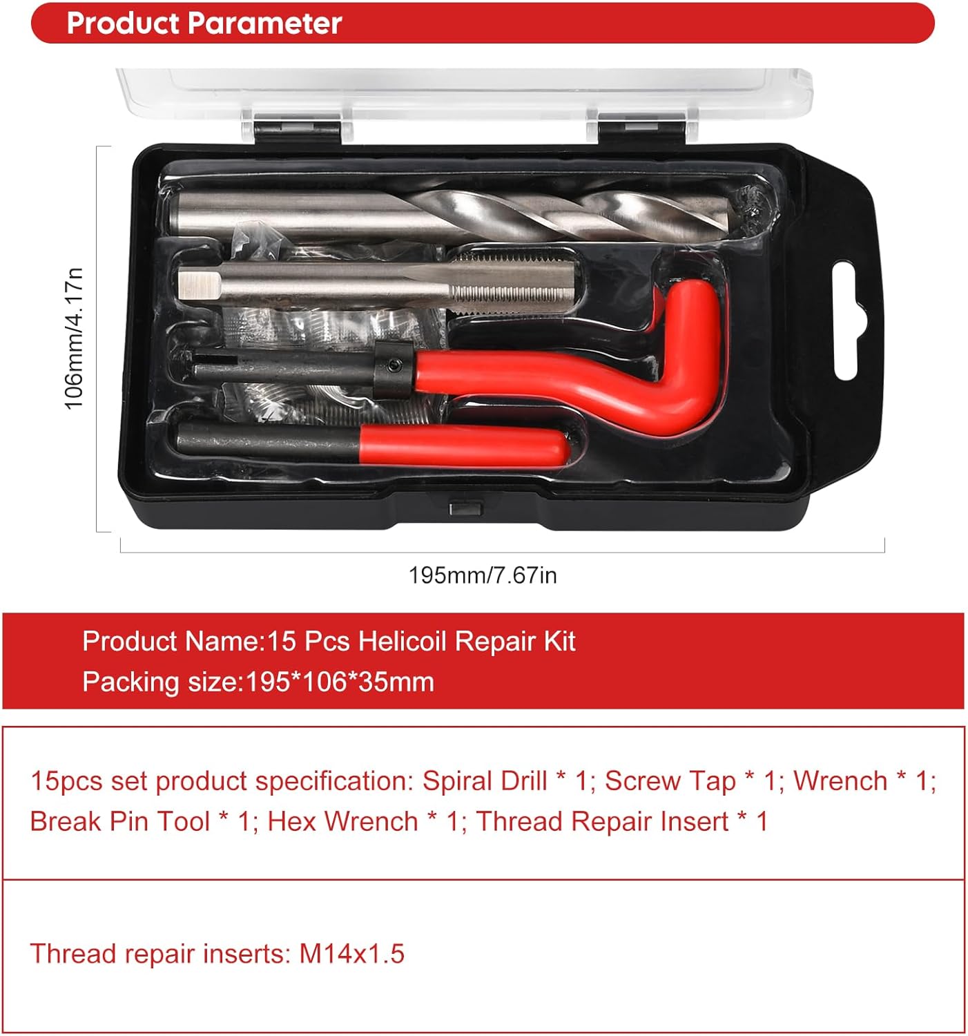 15 Pcs Thread Inserts M14x1.5 Female Thread Repairing Accessory Assortment Kit, Spark Plug Thread Repair Kit, Drill Helicoil Repair Kit, Thread Repair Tool for Automotive Mechanical Repairing