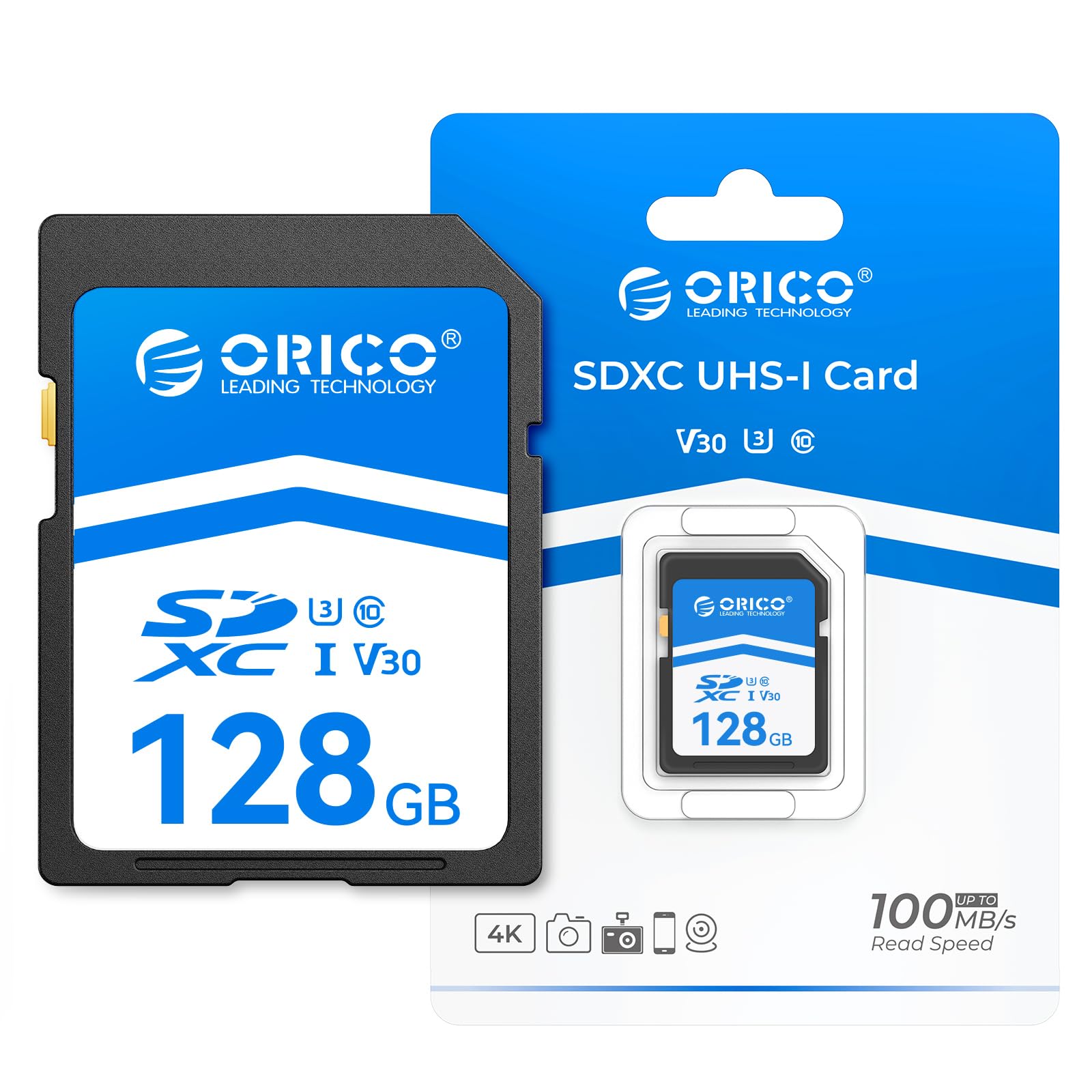 ORICO Scheda SD da 128 GB, UHS-I, C10, U3, V30, Full HD, 4K, Velocità di Lettura fino a 100 MB/s, Scheda di Memoria SDXC per Fotocamere DSLR e Mirrorless Canon, Nikon, Sony, Fujifilm – SD30