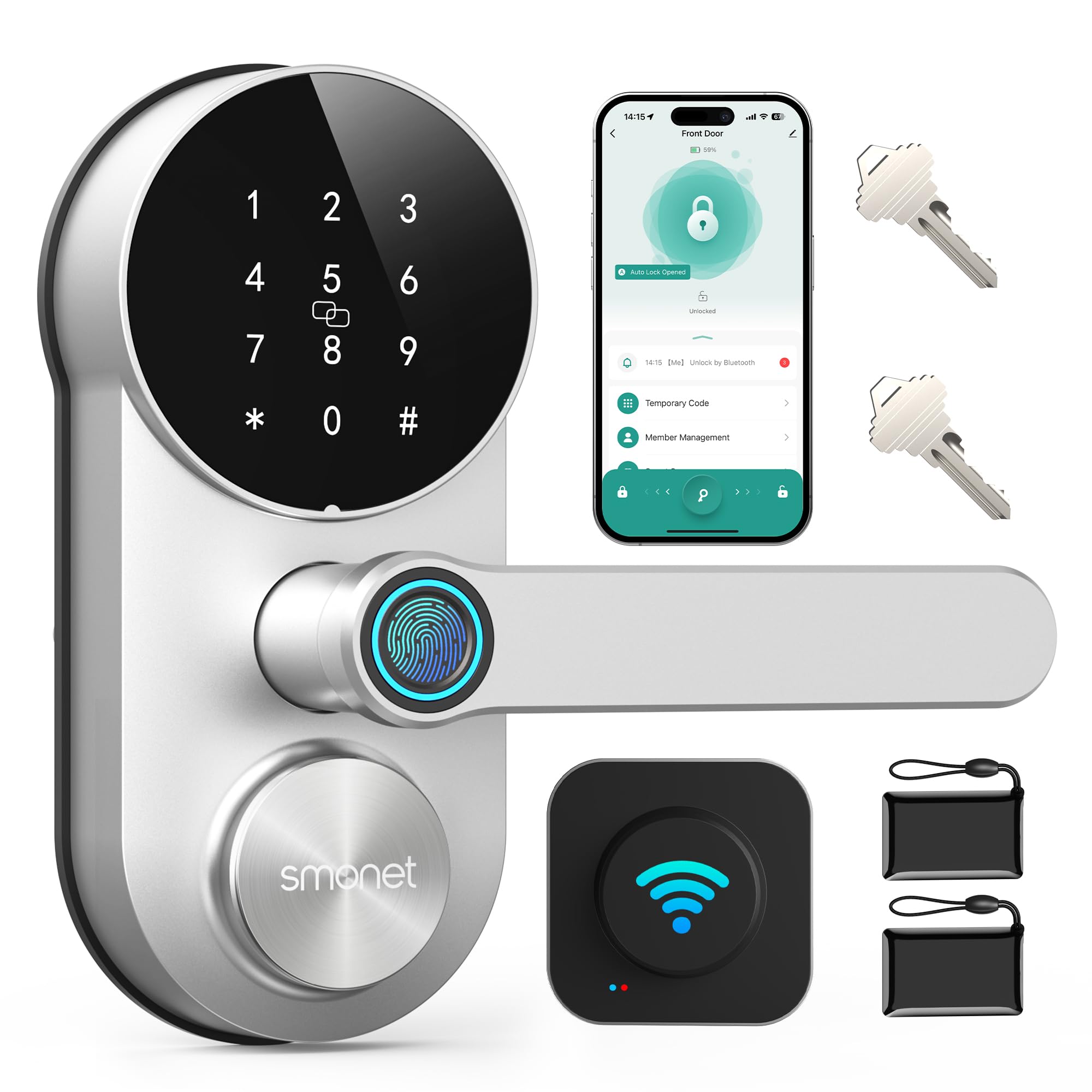 SMONET Smart Lock WiFi Lock for Front Door, Keypad Handle Set