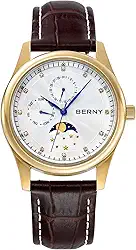 Relógio masculino multifuncional de quartzo com calendário e fases da lua – caixa de aço inoxidável e pulseira de couro