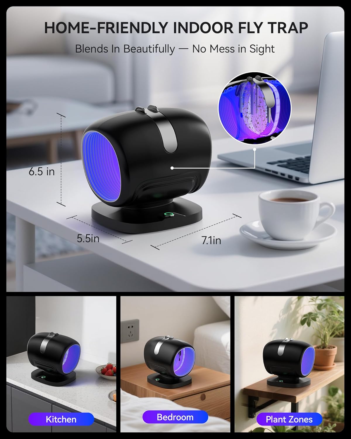 Fruit Fly Traps for Indoors, ZEVQI POWER Fly Trap Indoor Gnat Traps for Mosquitos, Gnats, Moths, Fruit Flies, Bug Catcher Bug Light & Sticky Glue with 6PCS Refills