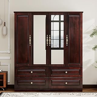 Solid Wood Armoire Wardrobe Closet, 4 Door Solid Wood Wardrobe Cabinet with 4 Drawers, Armoire Closet with Hanging Rods Storing Clothes for Bedroom (Dark Brown-7)