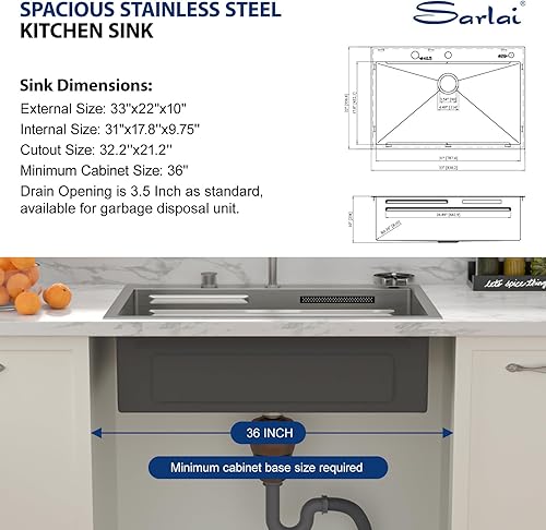 Miniatura 9 de Sarlai - Fregadero de cocina de 33 niveles con repisa de doble nivel, con estación de trabajo de 33 x 22 pulgadas, de acero inoxidable de calibre