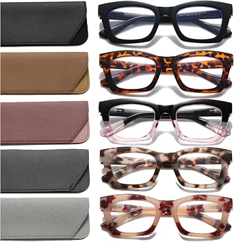Hubeye 5 Pairs Fashion Style Square Reading Glasses for Women Men Blue Light Blocking Computer Readers with leather case