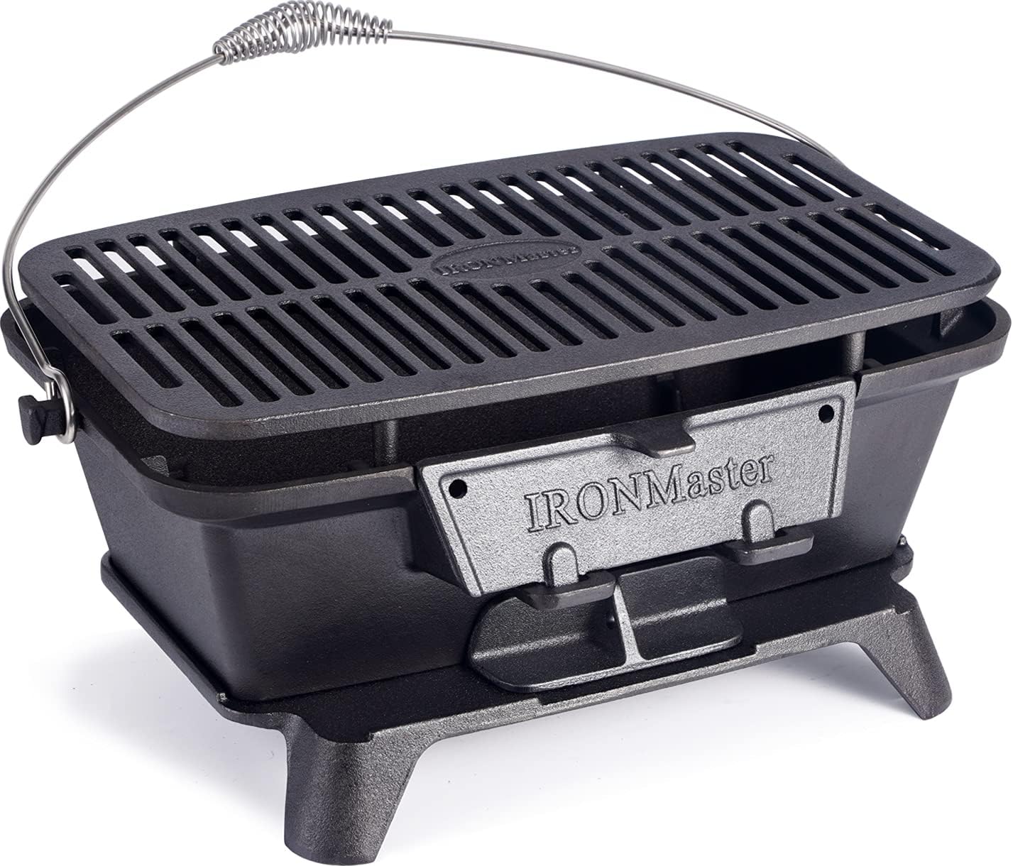 IronMaster Griglia Barbecue Carbonella in Ghisa Pre-stagionato, per Barbecue a Legna da Campeggio e da Giardino Tavolo, Superficie della griglia di Cottura 42 x 26cm per 4-6 Persone IronMaster Griglia Barbecue Carbonella in Ghisa Pre-stagionato, per Barbecue a Legna da Campeggio e da Giardino Tavolo, Superficie della griglia di Cottura 42 x 26cm per 4-6 Persone