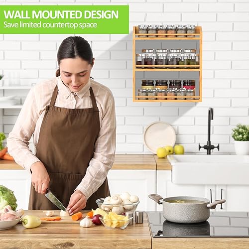 Miniatura 4 de Organizador de especias de bambú, estante de 3 niveles para tarros de especias para encimera de cocina o montaje en pared